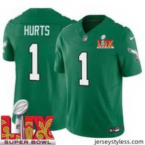Gorgeous Philadelphia Eagles Jalen Hurts #1 Kelly Green 2024 2025 Super Bowl LIX F.U.S.E Stitched NFL Jersey