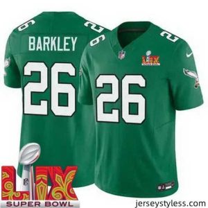 Fantastic Philadelphia Eagles Saquon Barkley #26 Kelly Green 2024 2025 Super Bowl LIX F.U.S.E Stitched NFL Jersey